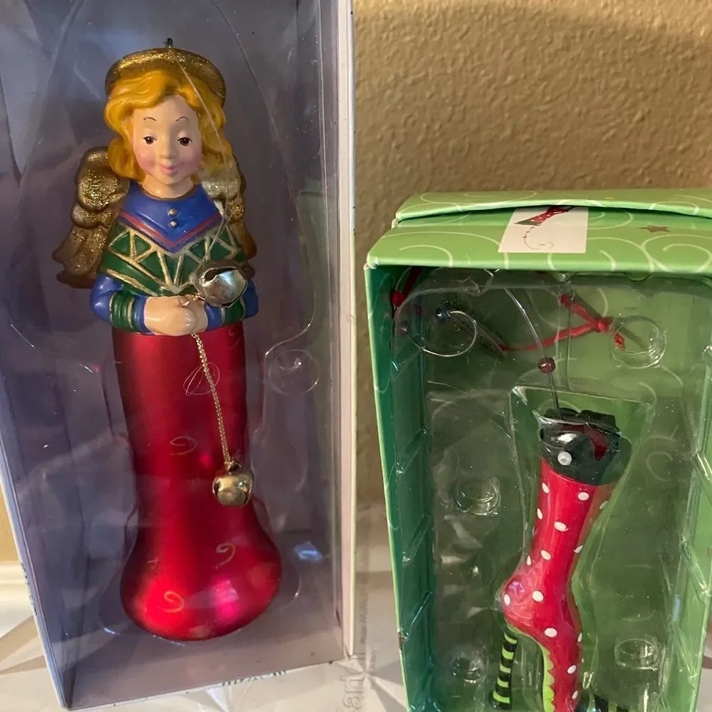 Department 56 Angel with Bells Ornament Plus Dept Glass Boot Ornament
